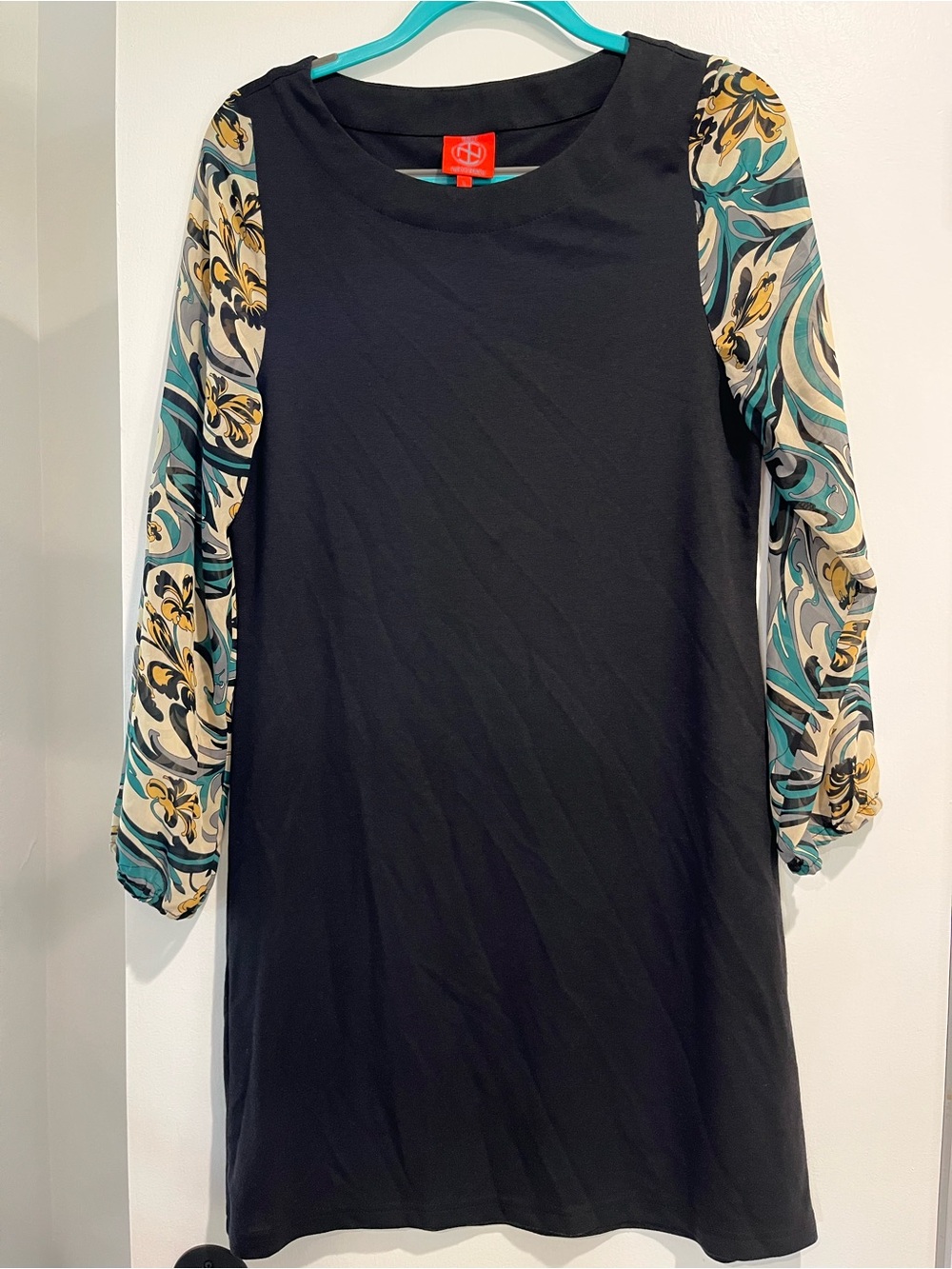 Tracy Negoshian Black Shift Dress with Teal & Gold Floral Sleeves Size Large